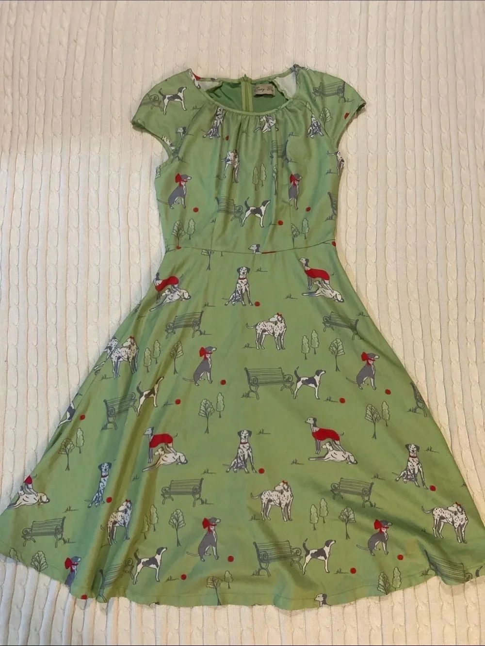 Green Dog-Print Cap-Sleeve Dress